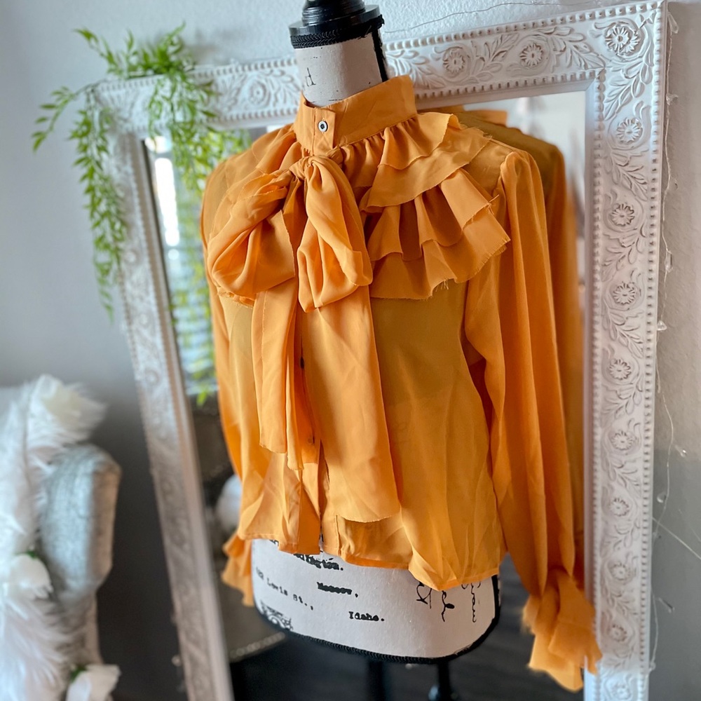 Sheer Button Front Bow Blouse Small - image 6